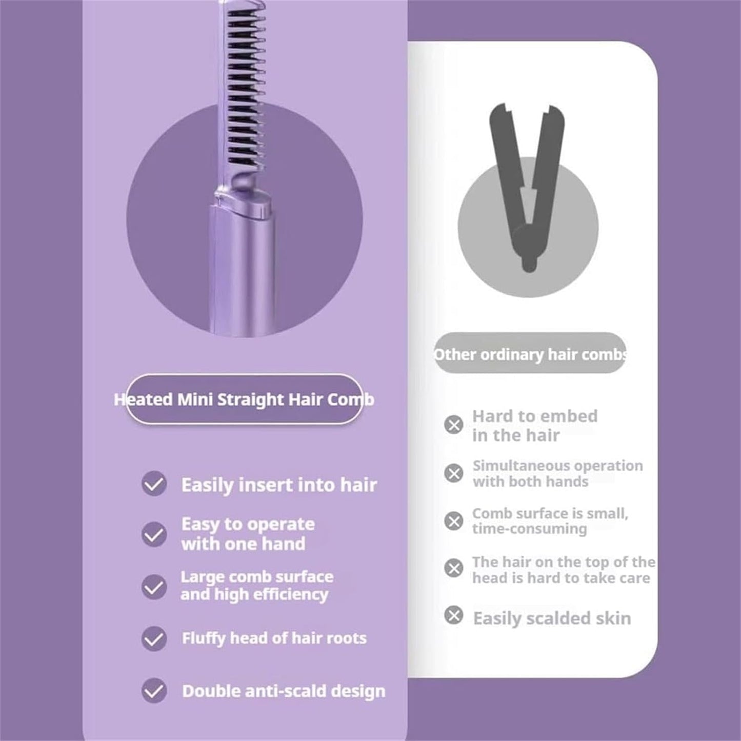 2025 Latest Hairdressing Comb, Proximityk Hairdressing Comb, 3 Temperature Adjustments Travel Flat Iron, Rechargeable Mini Hair Straightener, Styling Combs (Purple)