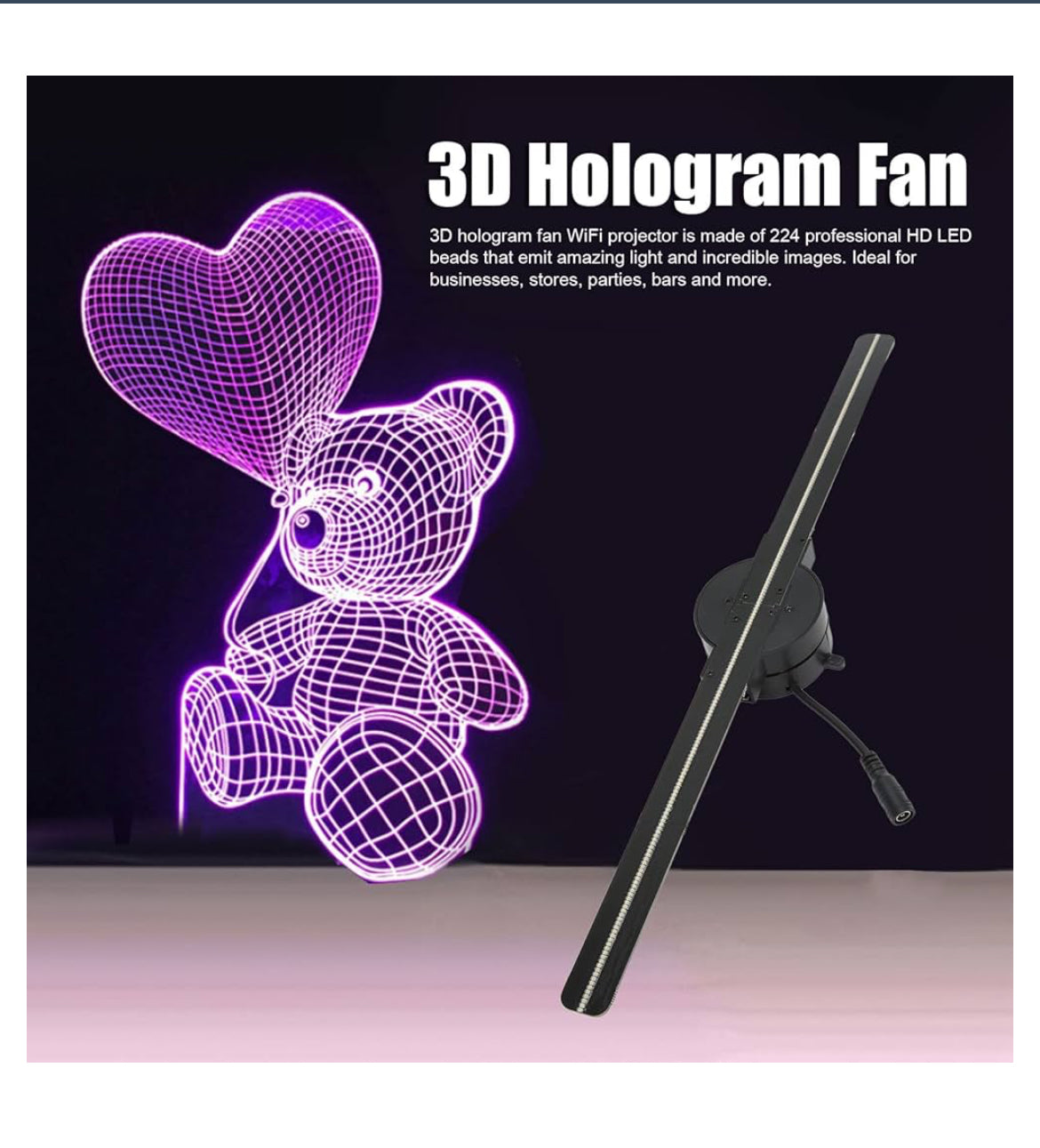 3D Hologram Fan WiFi Projector, 224 LED Light Beads, 1080P 16.5Inch Holographic Video Advertising Projector Display for Businesses, Parties, Etc