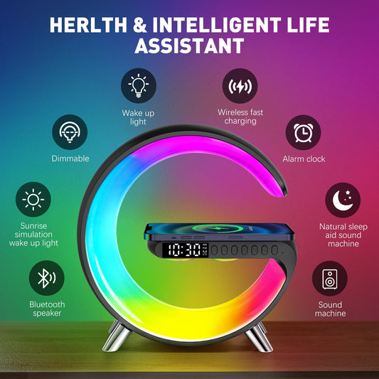 Alarm Clock, Digital Alarm Clock Radio with Wireless Charging & LED Table Lamp, Bluetooth Speaker & FM Radio, 4 in 1 Dimmable Night Light Touch Lamp Alarm Clock W/ LED Display, Desk Clock for Bedroom